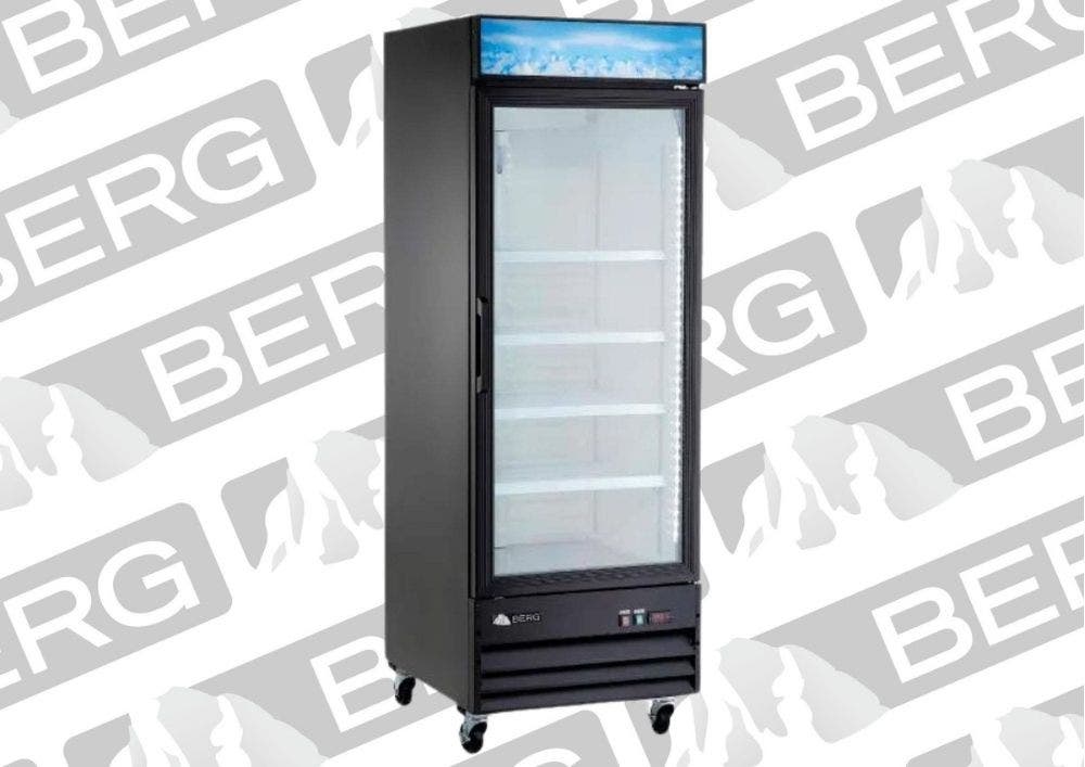 A one door Berg glass door merchandiser refrigerator on a background of Berg brand logos