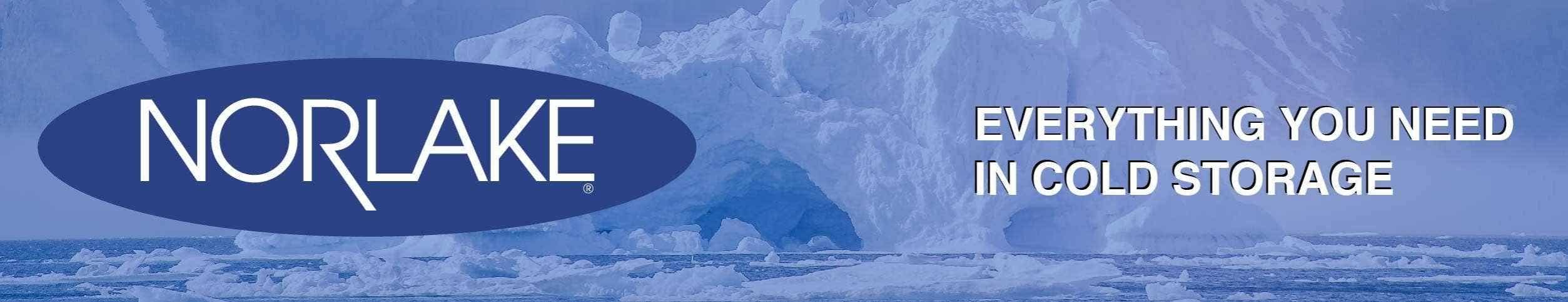 Picture of small ice berg floating on water. Norlake logo on left. Everything you need in cold storage on right.