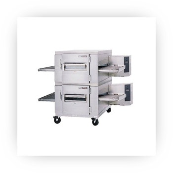 Double stack conveyor pizza ovens with stainless steel finish and casters