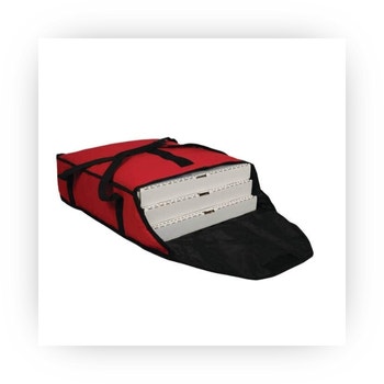 Insulated red pizza delivery bag holding three pizza boxes
