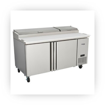 Stainless steel pizza prep table with refrigerated base and cutting board