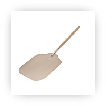 Metal pizza peel with long wooden handle for oven use