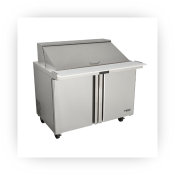 Berg stainless steel refrigerated prep table with cutting board.