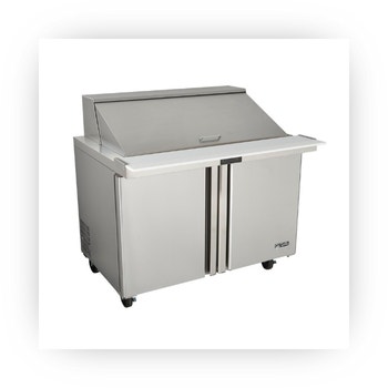 Stainless steel refrigerated sandwich prep table with cutting board and double doors.