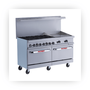 Patriot range with burners, flat top, and double oven on caster wheels.