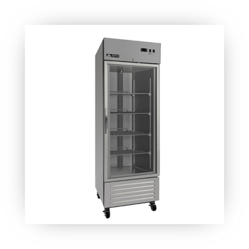 Berg single glass door reach in freezer on caster wheels.