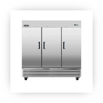 Berg three door stainless steel refrigerator on caster wheels.
