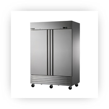 Commercial stainless steel double door reach-in refrigerator on casters.
