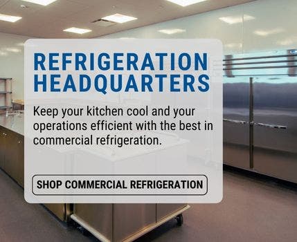Commercial refrigeration units in a professional kitchen with promo text overlay