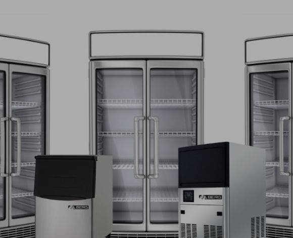 A white background with three two door merchandiser refrigeration units, an undercounter ice bin, and an undercounter ice machine and bin.