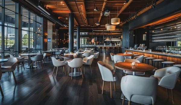 Inside of a modern restaurant with white highback chairs and wood tables. 