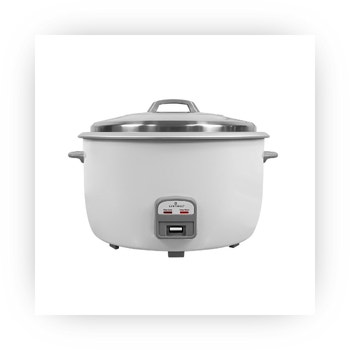 Large capacity commercial rice cooker with lid and simple control panel.