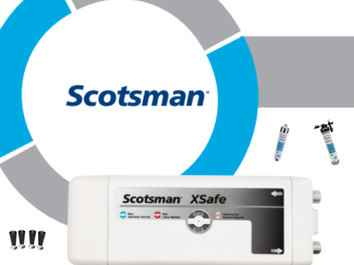 A Scotsman logo with water filters and other accessories superimposed on top of it.