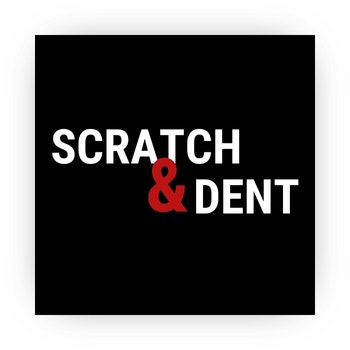 "Scratch & Dent" text on a square black background.