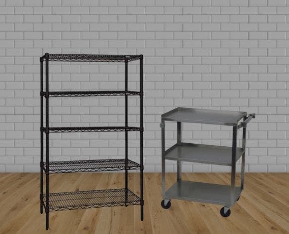 A black epoxy coated wire shelving kit and a stainless steel bus cart.