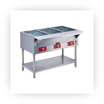 Three-well electric steam table with adjustable heat controls and bottom shelf.