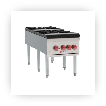 Heavy-duty commercial stock pot range with four burners and red knobs.