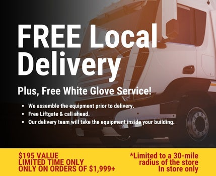 Text "Free delivery for a limited time, within a 30 mile radius of the store. In store only." over a delivery truck driving.