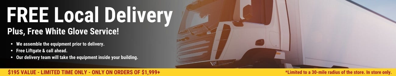 Text "Free delivery for a limited time, within a 30 mile radius of the store. In store only." over a delivery truck driving.