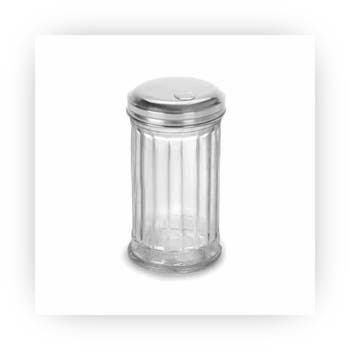 Glass sugar pourer with stainless steel lid and spout