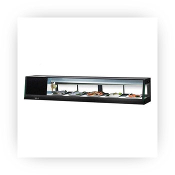 Commercial refrigerated sushi display case with glass front and food items.