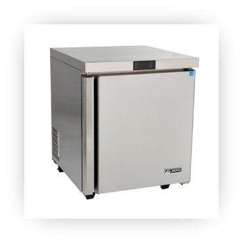 Compact undercounter refrigerator with stainless steel door and casters.