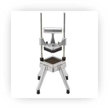 Heavy-duty manual french fry cutter with push handle and stainless steel blades.