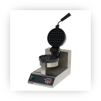 Commercial single waffle maker with nonstick plates and digital timer.
