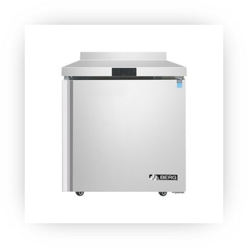 Stainless steel worktop refrigerator with backsplash and digital thermostat.