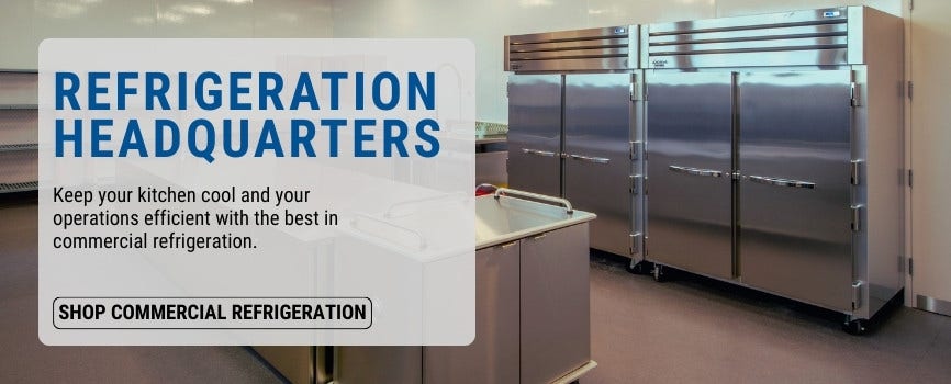 Commercial refrigeration units in a professional kitchen with promo text overlay